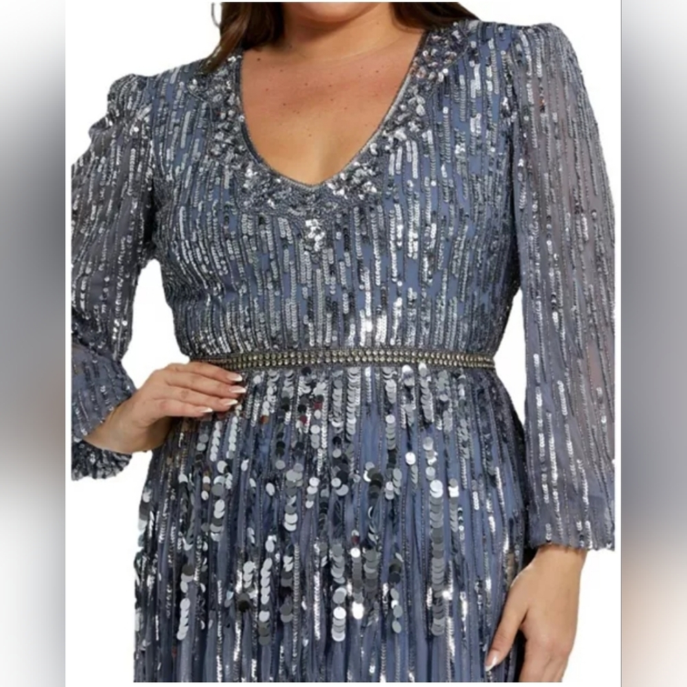 Mac Duggal Silver Long Sleeve Gown with V-Neck